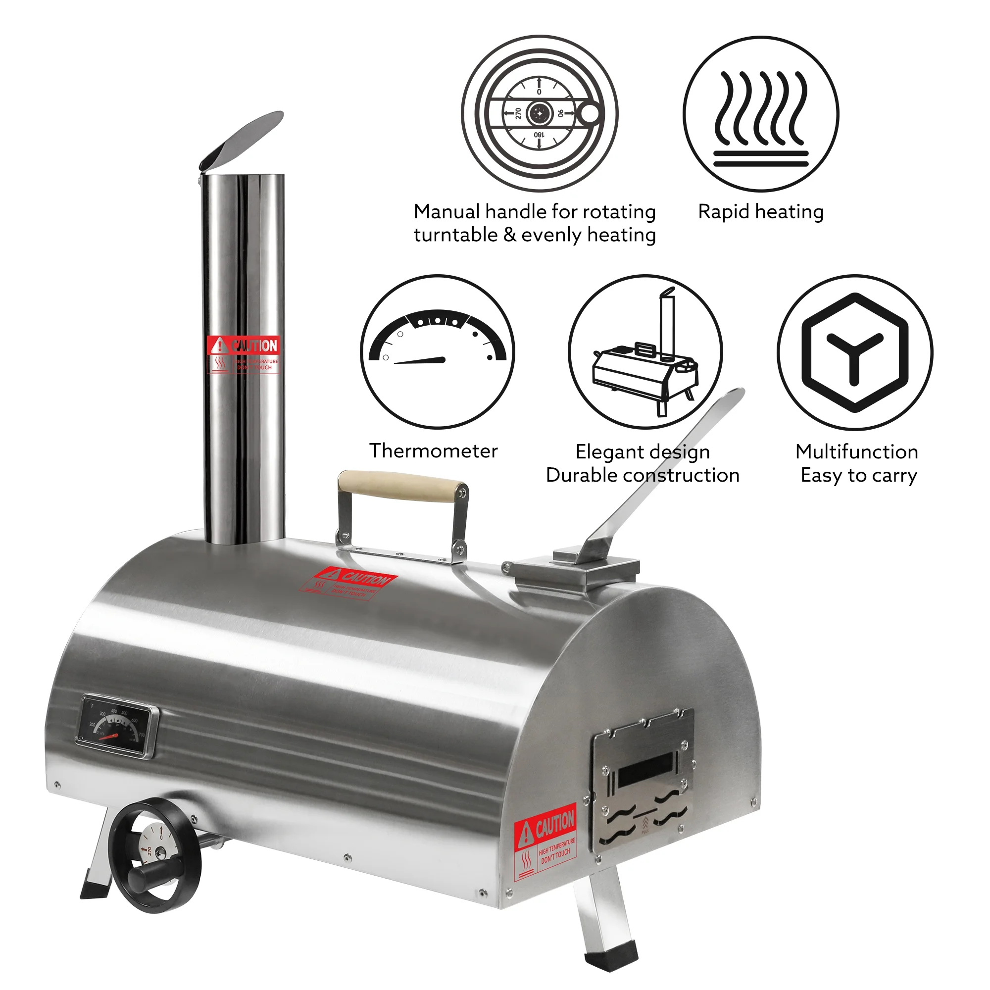 BBQ Utensils Silver Pizza Oven Outdoor 12" Semi-Automatic Rotatable Pizza Ovens Portable Stainless Steel Wood Fired Pizza Oven Pizza Maker with Built-in Thermometer Pizza Cutter Carry Bag,Outdoor Gri