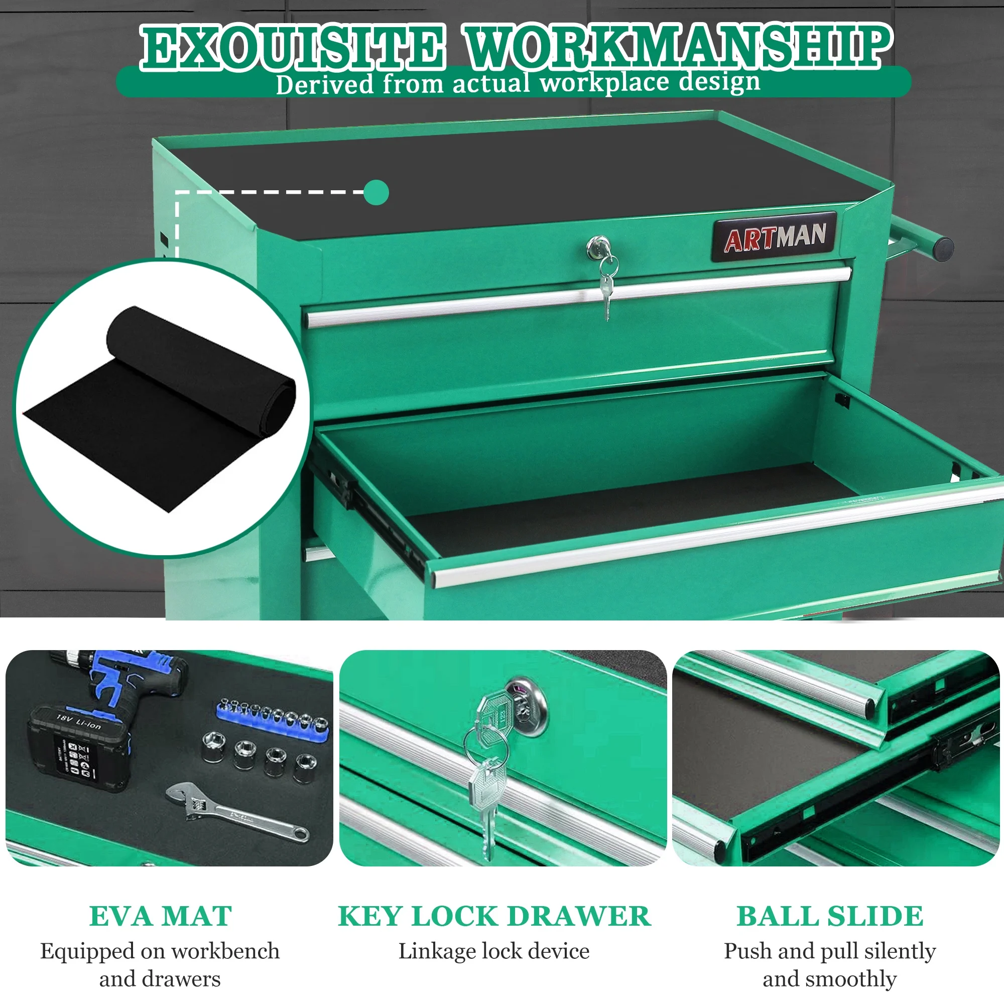 Tool Chest on Wheels, 5-Drawer Rolling Tool Box with Workbench Top, Multifunctional Tool Storage Organizer for Garage, Warehouse, Workshop