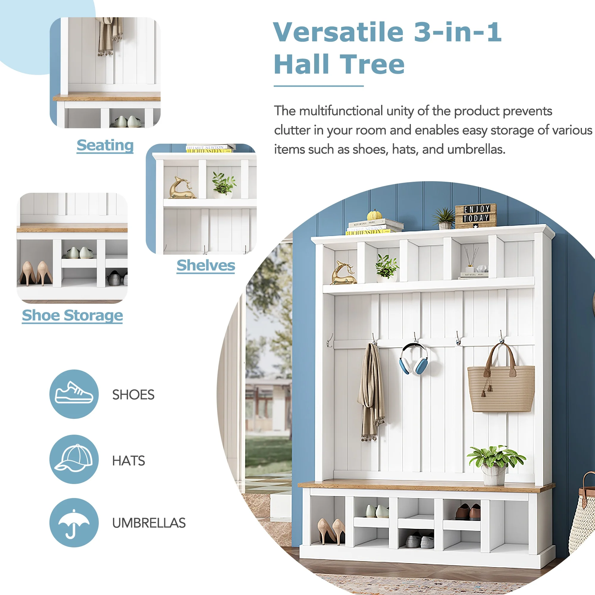 Bellemave 59"W Farmhouse Hall Tree with Storage Shelves and Shoes Rack Multi-functional Coat Rack with Hooks Entryway Shoes Storage Seating Bench Coat Hanger for Hallway (Black, With Shoes Rack)