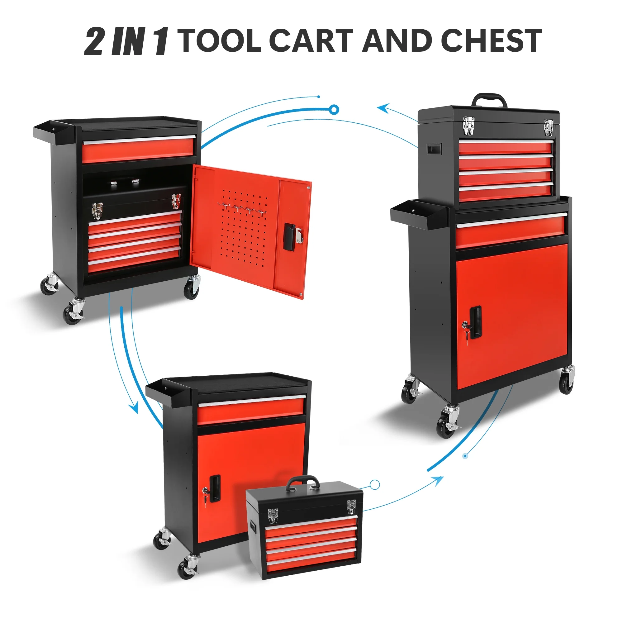 Tool Chest, 5-Drawer Rolling Tool Storage Cabinet with Detachable Top Tool Box, Universal Lockable Wheels