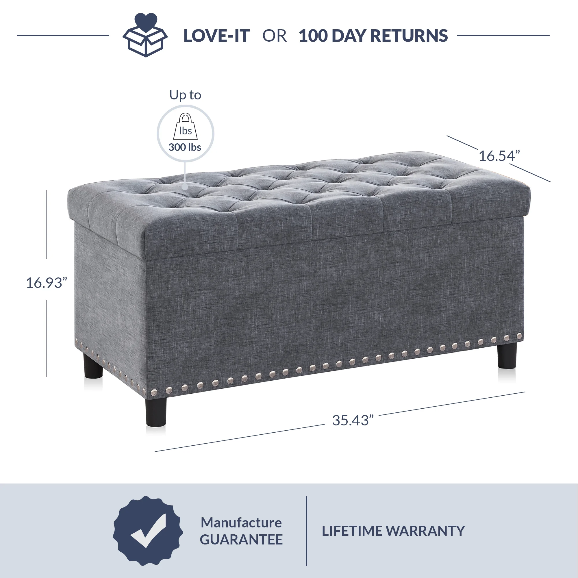 BELLEZE 35 Inch Storage Ottoman, Button-Tufted Ottoman Linen Storage Bench with Safety Close Hinge, Ottoman with Storage for Living Room, Entryway, Hallway, Foot Rest, Support 300lbs - Dark Grey