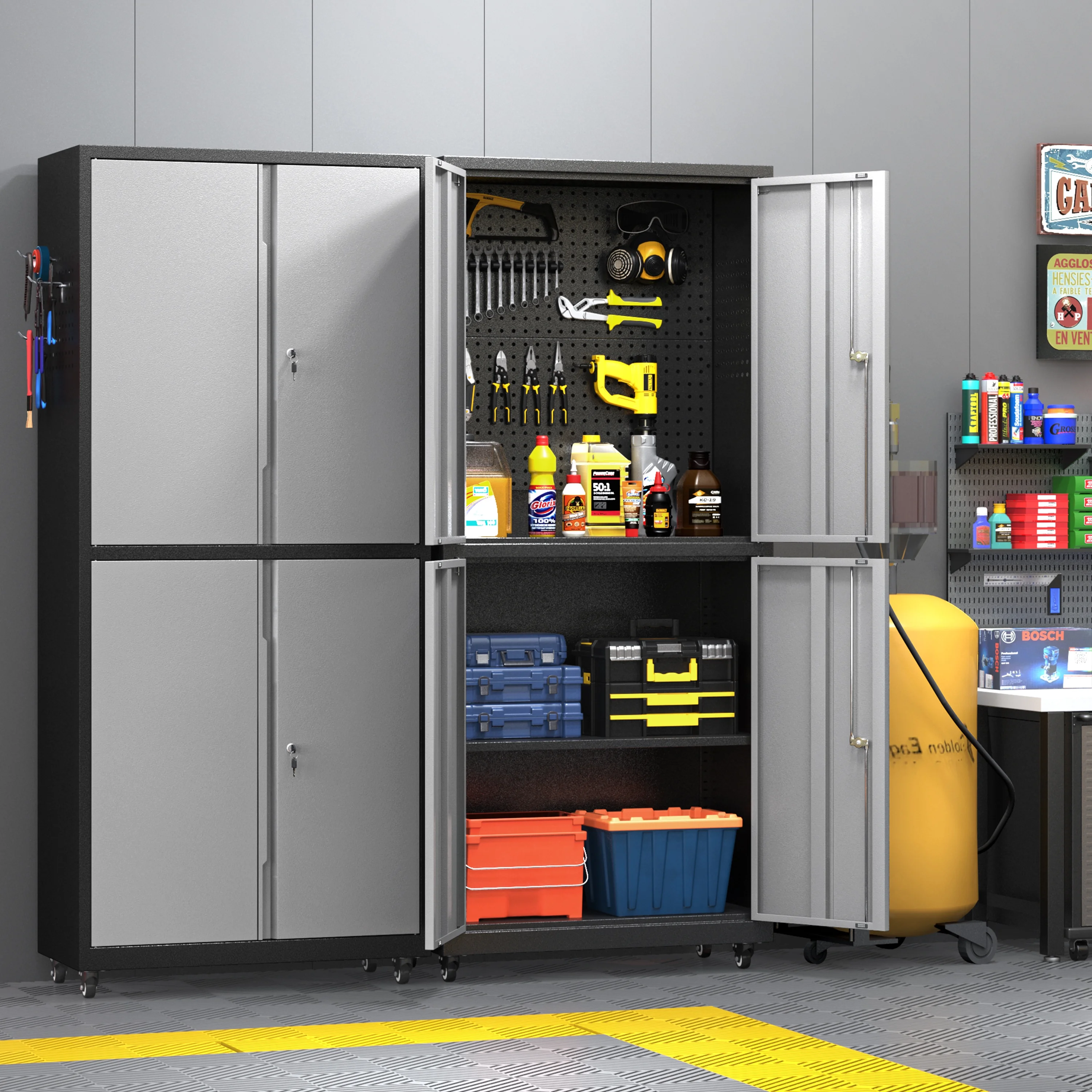 Metal Storage Cabinet with Wheels,Rolling Tool Cabinet with Doors and Adjustable Shelves,Heavy Duty Garage Storage Cabinet,Steel Locking Storage Cabinet for Garage/Warehouse/Office/School/Home-Black
