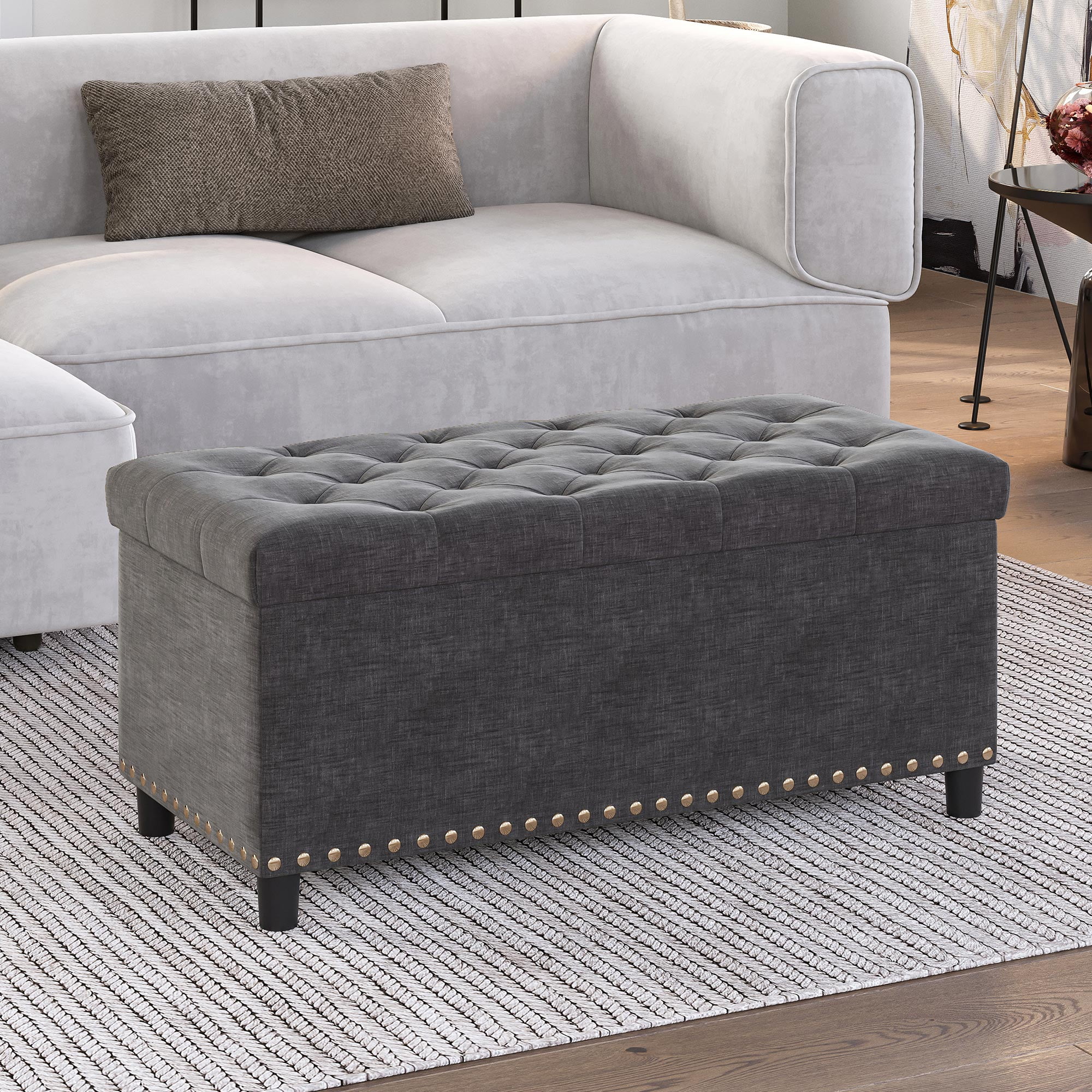 BELLEZE 35 Inch Storage Ottoman, Button-Tufted Ottoman Linen Storage Bench with Safety Close Hinge, Ottoman with Storage for Living Room, Entryway, Hallway, Foot Rest, Support 300lbs - Dark Grey