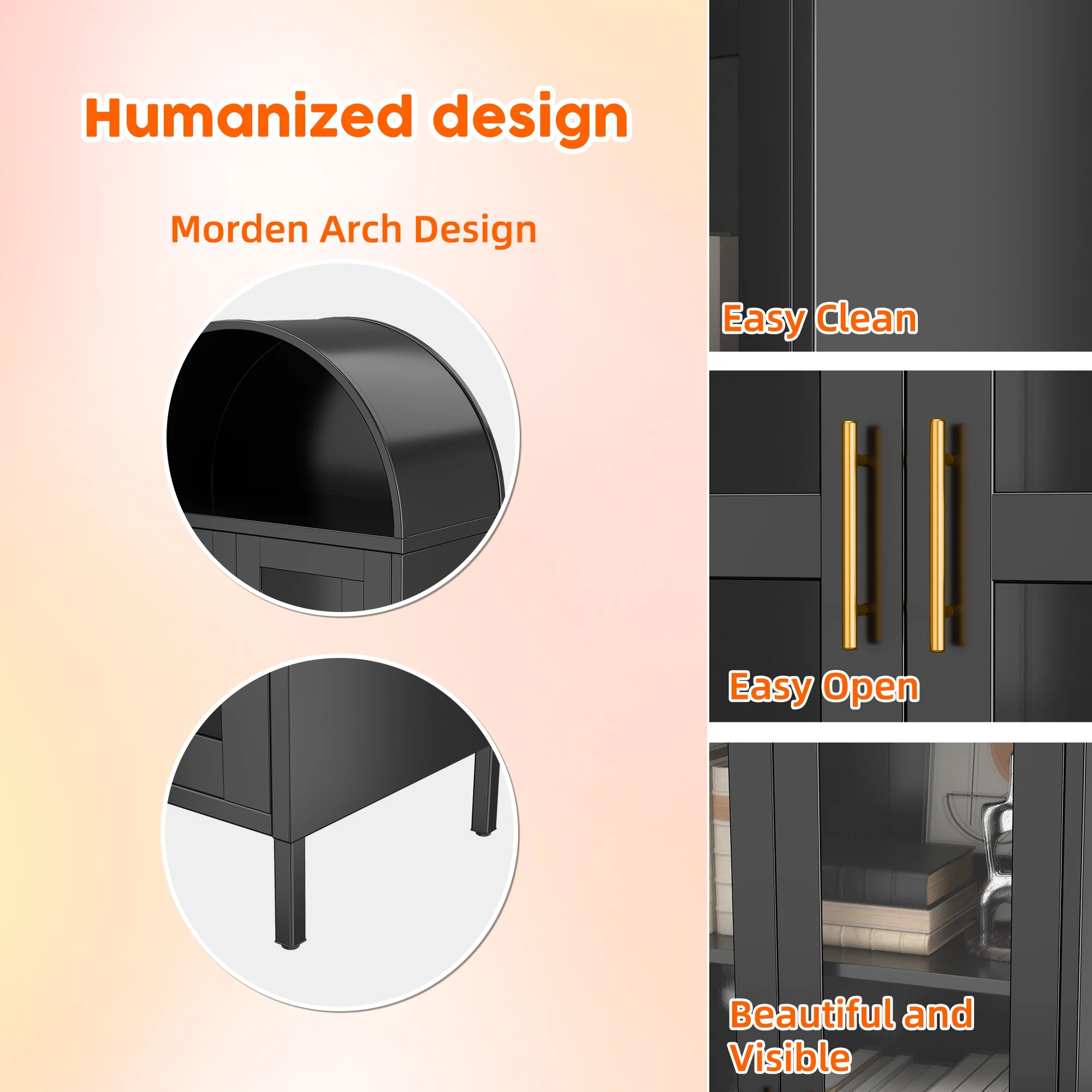 SUXXAN Metal Arched Storage Display Lockable Cabinets with Glass Doors and Adjustable Shelves, Assembly Required, Black