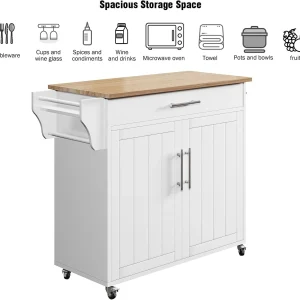 Soscana Kitchen Island Storage,Rolling Kitchen Island with Wheels,Kitchen Cart with Storage Rack & Drawer,Solid Wood Countertop,Kitchen Kitchenware Storage Rack Operation Console,White