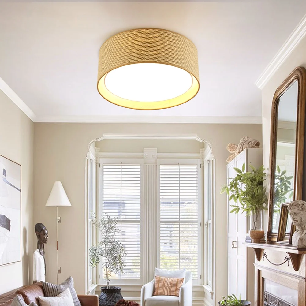LEDET 15.7 in. Yellow Flush Mount Ceiling Light Rattan Weaving Shade Home Decor Pendant Lighting
