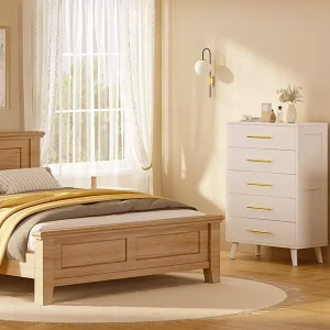 Bedroom Furniture Set - Includes Queen Bed Frame, Nightstands Set of 2, 5-Drawer Dresser & Vanity Desk - Modern Storage Solution for Stylish Home Decor, Beige/White