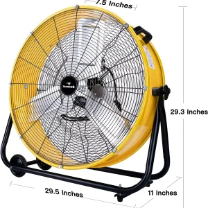 Tornado 24 Inch Grade UL Listed High Velocity Movement Heavy Duty Drum 3 Speed Air Circulator Fan 7800 CFM-Industrial, Commercial, Residential, and Greenhouse Use, Yellow