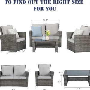 Wisteria Lane 4 Piece Outdoor Patio Furniture Sets, Wicker Conversation Set for Porch Deck, Grey Rattan Sofa Chair with Cushion Blue