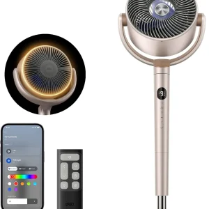 DREO Smart Fan for Bedroom, 120° +120° Omni-Directional Oscillating Fans, 100ft Quiet Pedestal Fan with RGB Light, 9 Speeds, 6 Modes, 20dB, 8H Timer, Wi-Fi/Voice/Alexa, 37-42" Floor Fans with Remote