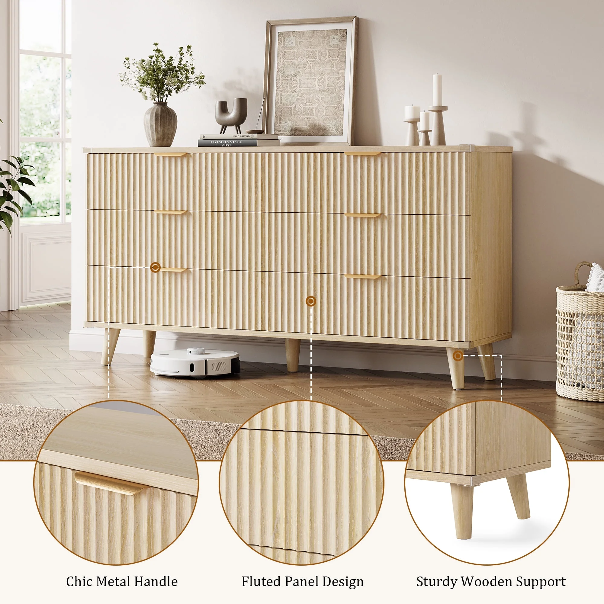 Laintene 3-Piece Boho Bedroom Set - 6-Drawer Dresser & 2 Nightstands with 3 Drawers & USB Charging, Fluted Wooden Storage, Modern Dresser & Nightstand Combo, Natural