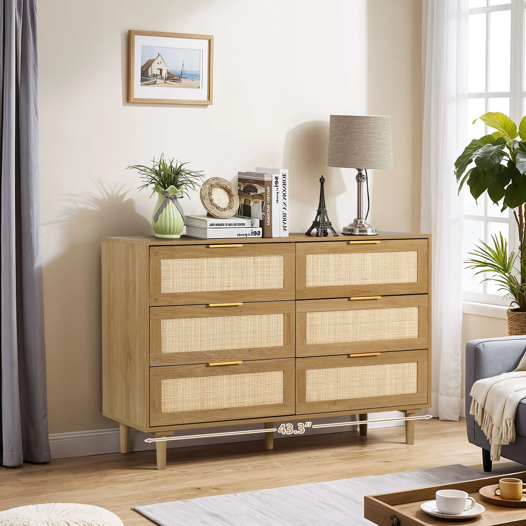 LAZZO 3 Modern Drawer Dresser Rattan, Wooden Dresser Chest of Large Storage Cabinet