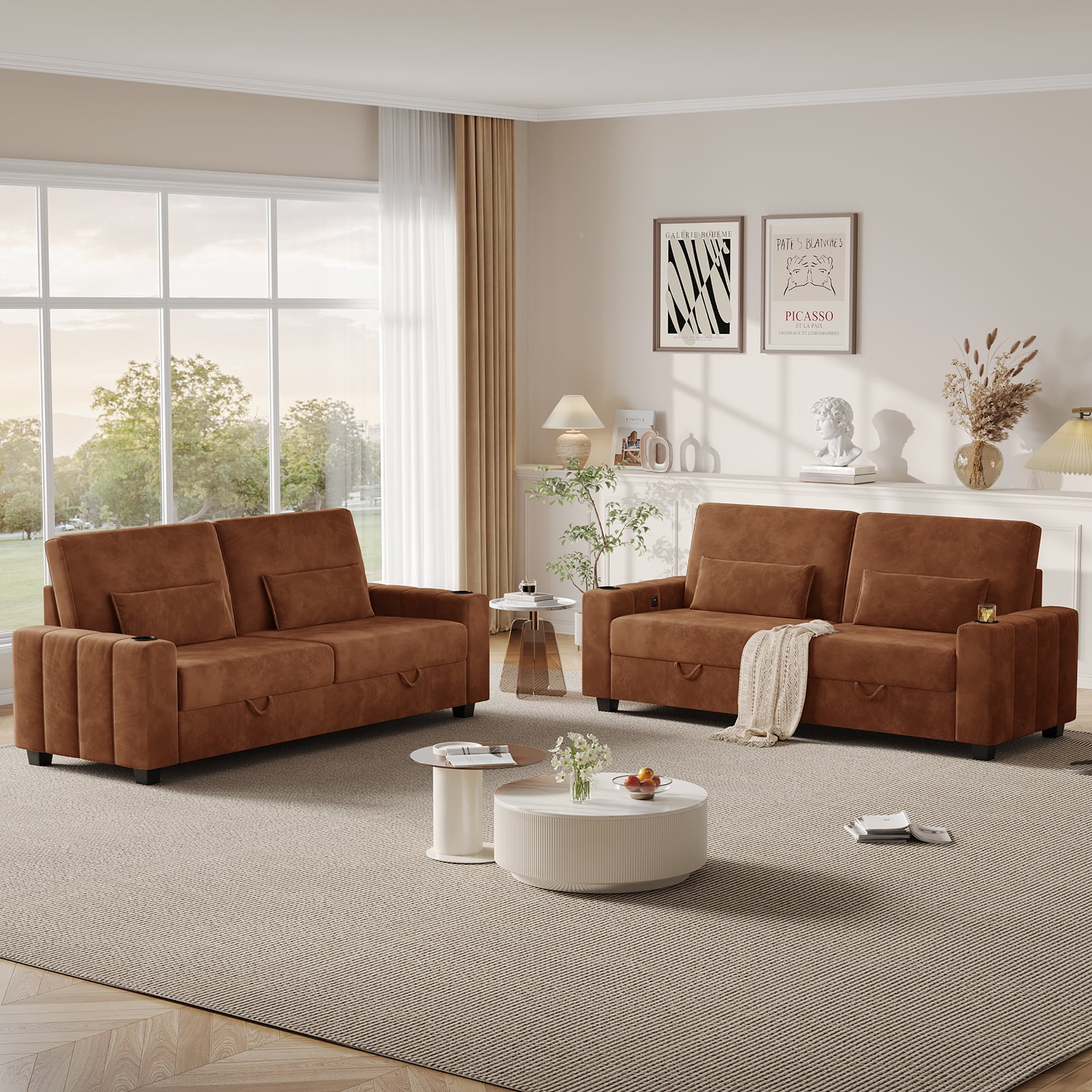 87-Large Loveseat Sofa, 3 Seater Couch with Storage, Velvet Fabric Deep Seat Sofa with Pillow& Cup Holders, Modern Comfy Sofa with USB& Type-C Ports, Home Sofa Couch for Living Room Bedroom