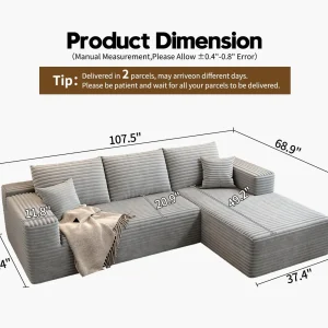 107.5" Cloud Modular Sectional Sofa Couch with L-Shape Chaise,Modern Minimalist Upholstered Couches for Living Room Bedroom,Deep Seat Corner Couch .No Assembly Required (Black,Left Facing Chaise)