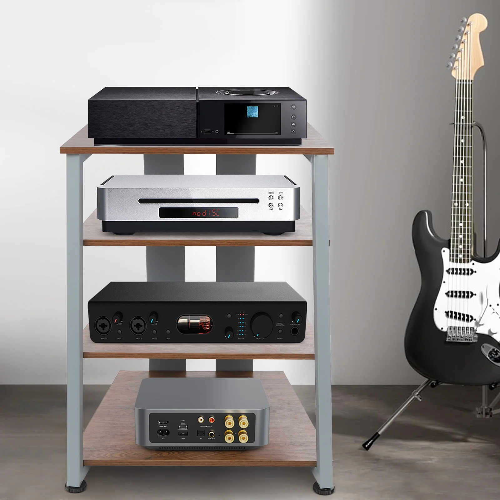 4-Tier AV Media Stand, Multi-Functional Storage Shelf for Organizing and Storing TV Accessories, CD Changers, Receivers, DVD Players, Game Consoles, and Other Media Equipment, Brown and Grey