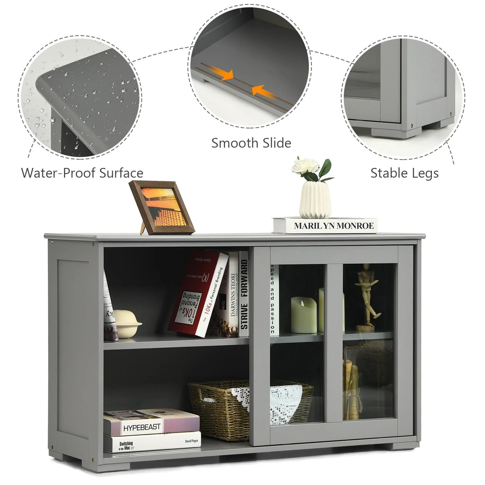 Giantex Stackable Buffet Cabinet, Kitchen Storage Cabinet with Sliding Tempered Glass Doors, Small Sideboard for Kitchen, Dining Room or Living Room, Grey