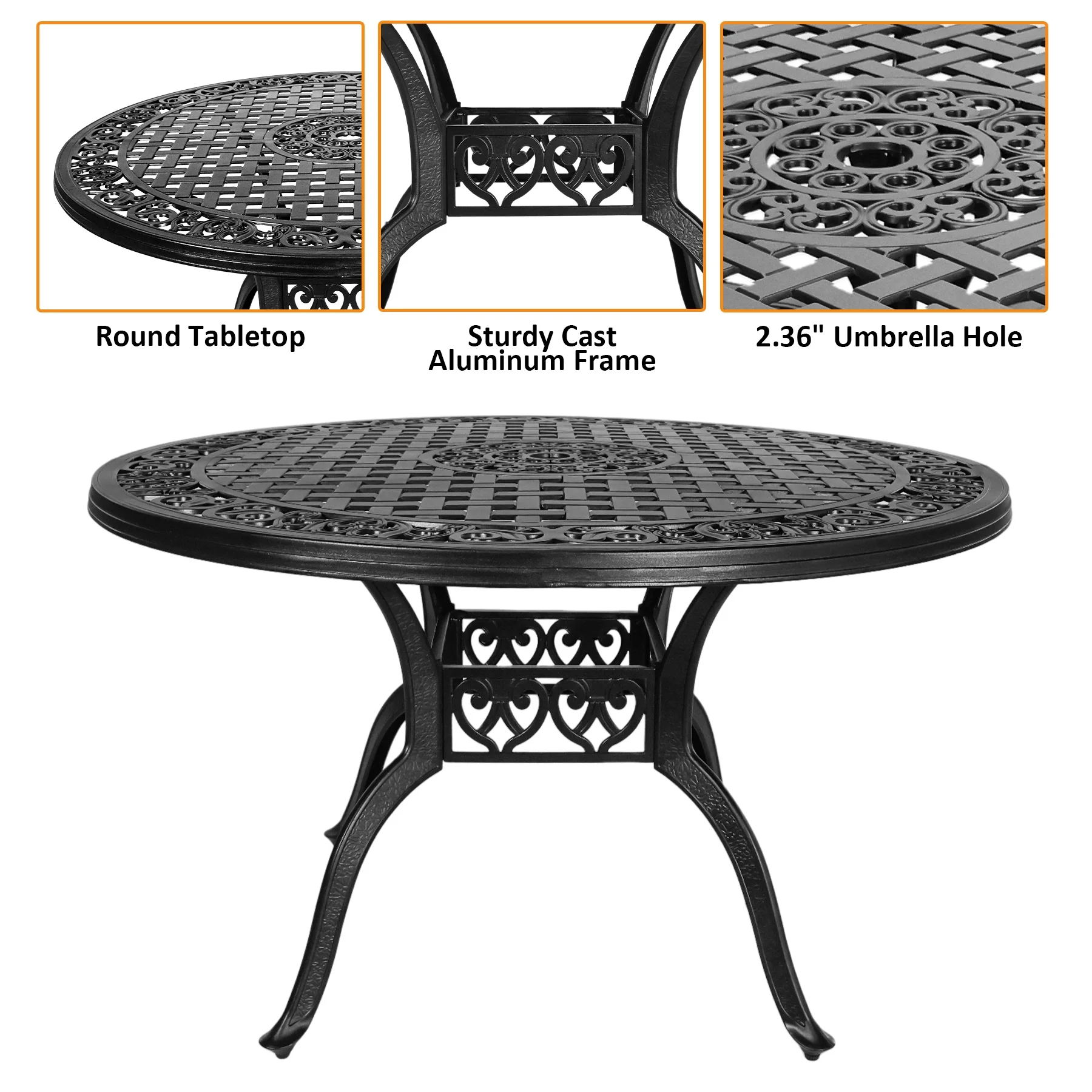 48 Inch Outdoor Dining Table Round Patio Bistro Table Powder-Coated Cast Aluminum Frame Patio Dining Table Garden Table with Umbrella Hole (Black)