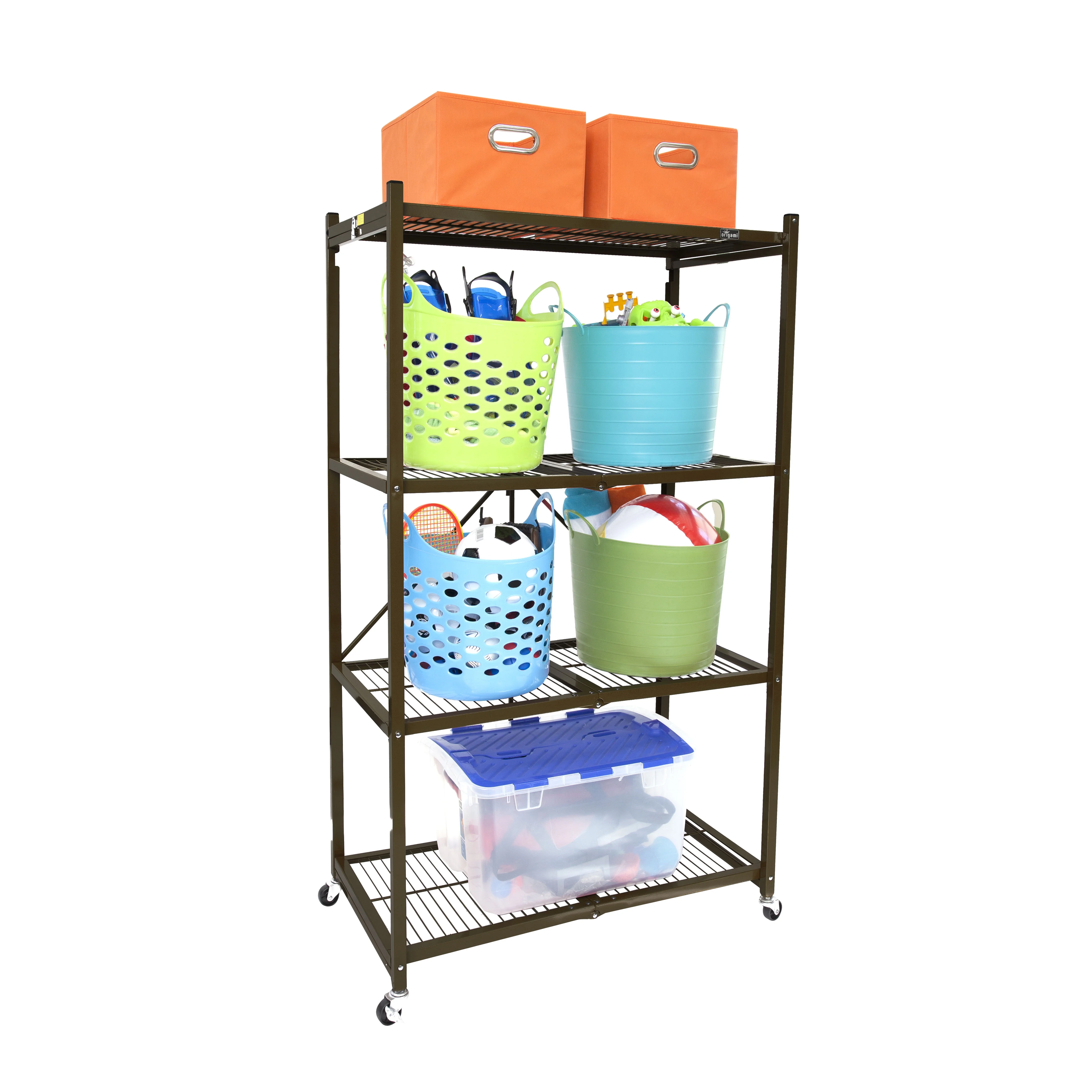 Origami 4 Tier Multipurpose Folding Storage Rack with Wheels, 3 Pack, Gray