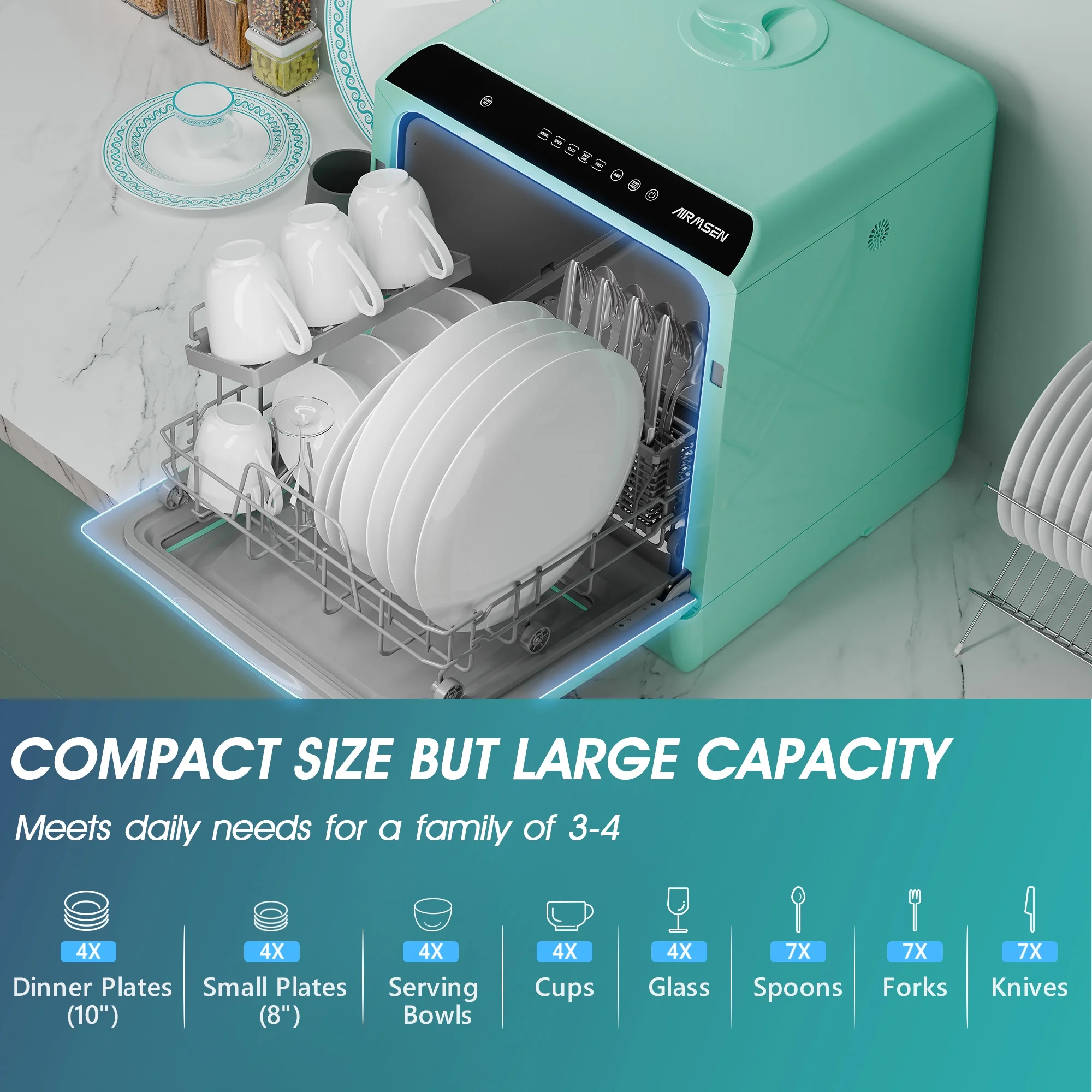 AIRMSEN Portable Countertop Dishwasher with 5 - Liter Built - in Water Tank and Air - Dry Function, 5 Washing Programs Mini Dishwasher, AE - TDQR03