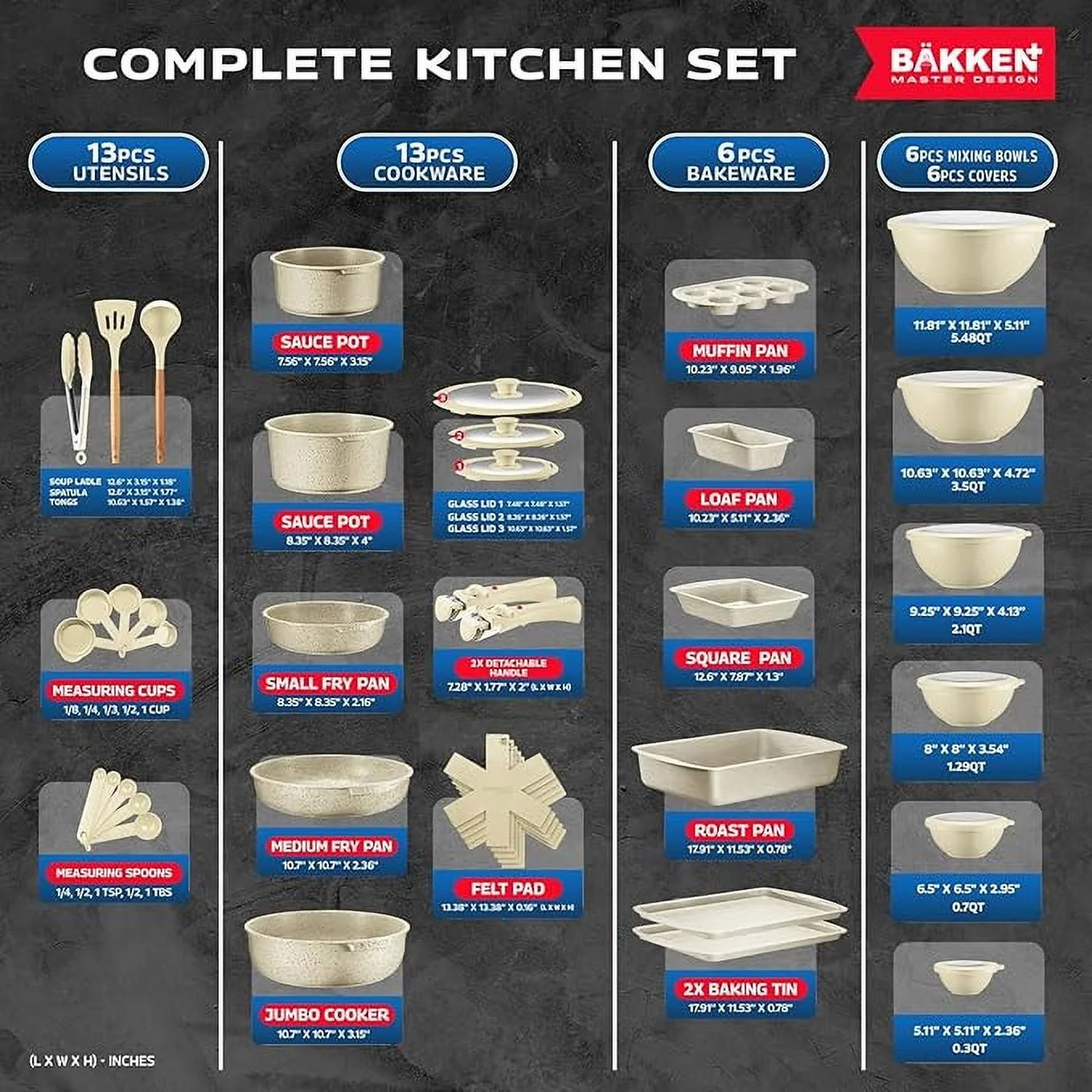 Bakken Master 38 Piece Granite Cookware and Bakeware Set -C Nonstick Granite Coating, Pots and Pans with Detachable Handles and Tempered Glass Lids, 6-piece Bakeware set, 12-piece Mixing Bowls,Brown