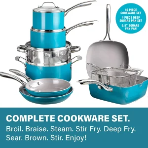 Gotham Steel Nonstick Pots and Pans 20 Piece Kitchen Ceramic Cookware Set Bakeware Cooking Frying Skillet Sauce Pan Aqua Blue