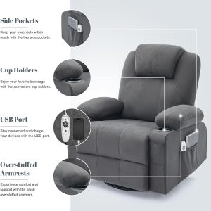 Oversized Swivel Rocker Recliner Chair with Heat and Massage, 360 Degree Swivel Rocking Single Sofa with Cup Holders and USB Port, Large Big Recliner Chair for Living Room (Leather, Brown)