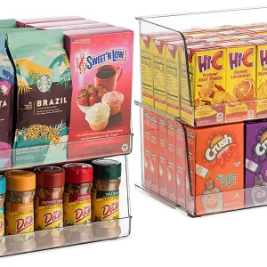 Set Of 4 Clear Pantry Organizer Bins Stackable Household Plastic Food Storage Basket with Wide Open Front for Kitchen, Countertops, Cabinets, Refrigerator, Freezer, Bedrooms, Bathrooms - 12" Wide