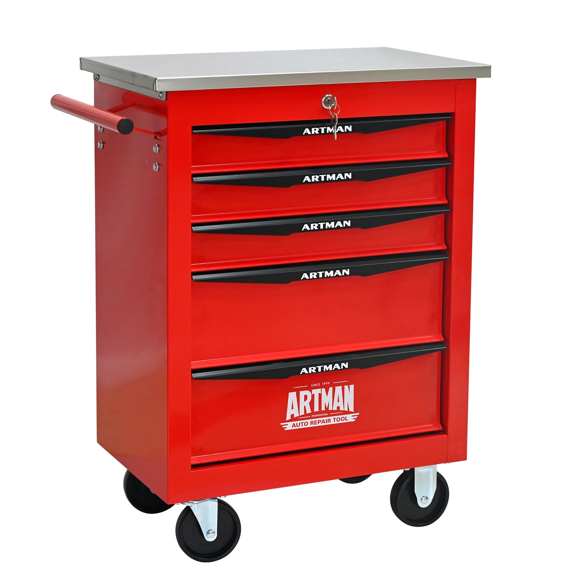 Tool Cabinets 4 Drawers Multifunctional Tool Cart with Wheels,Metal Rolling Tool Cart Storage for Garage Workshop Warehouse Repair Shop--With Stainless Steel Roof- Red&Black,Garage Tool Cabinets