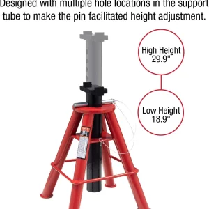10-Ton Medium Height Pin Type Jack Stands, Pair, Red