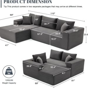 110 Cloud Sectional Couch, Boneless Sofa for Living Room Modular Sectional Sofa with Deep Seat