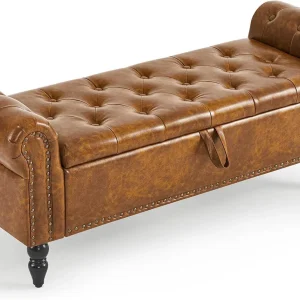 Furniliving Modern Storage Ottoman Bench, Sherpa Ottoman End of Bed Bench with Solid Wood Legs Upholstered Ottoman Benches with Storage Indoor Bench for Living Room with Rolled Arm, Entryway, White