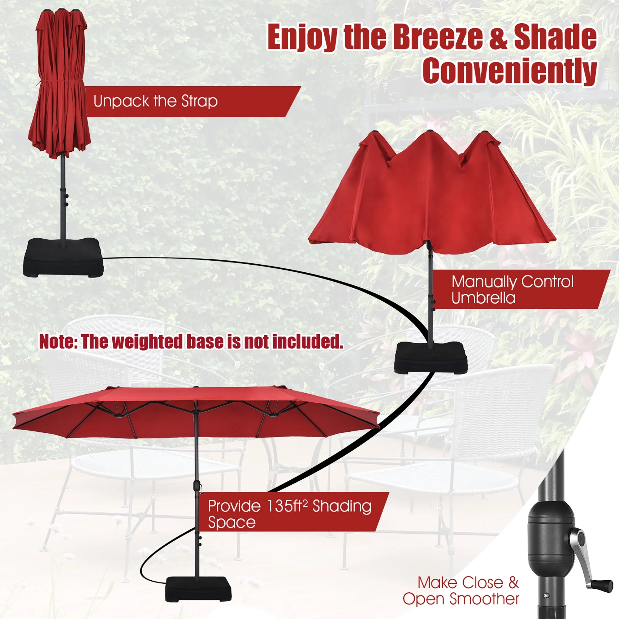 Costway 15ft Beige Patio Double-Sided Umbrella, Crank Lift