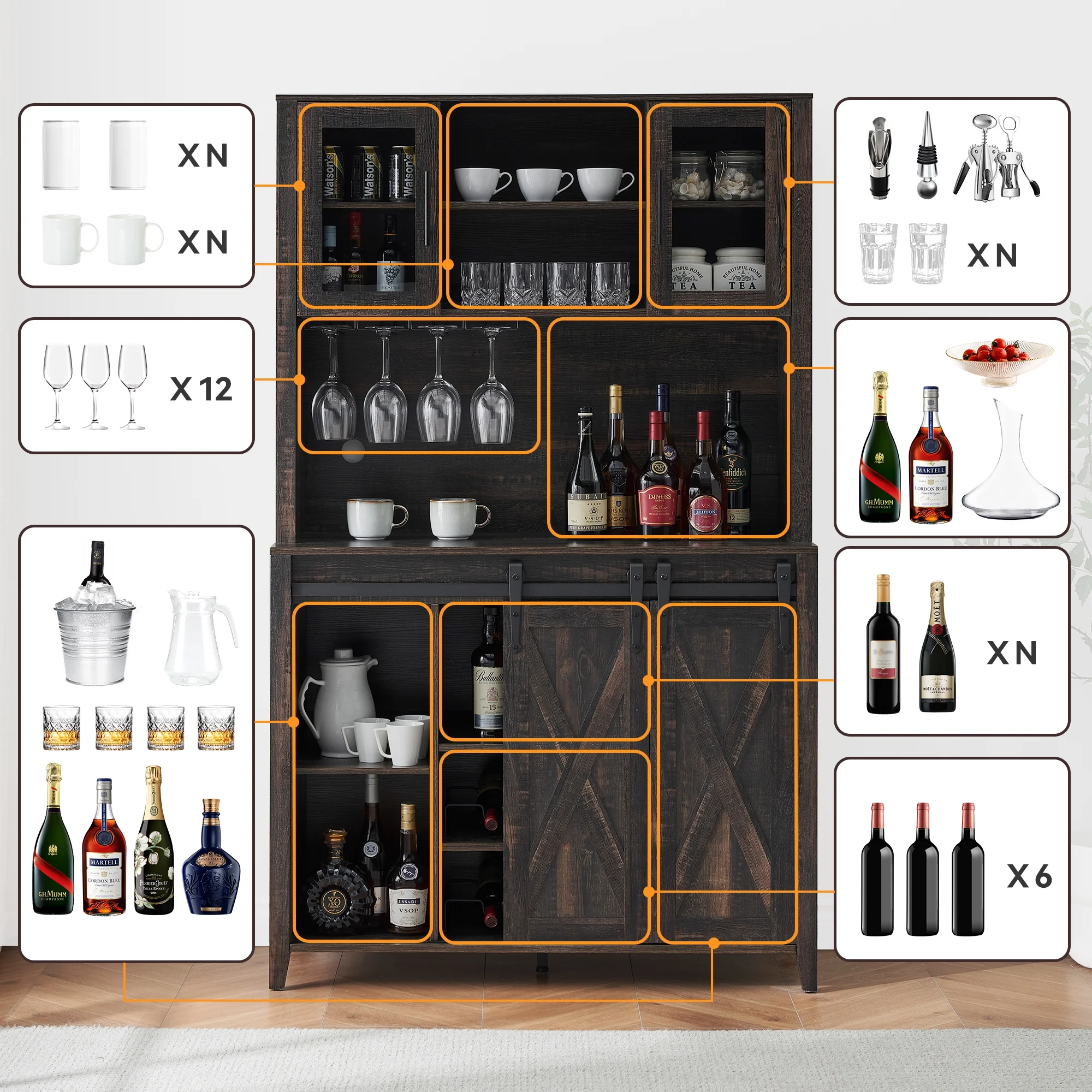 Farmhouse Bar Cabinet with Storage, Kitchen Buffet Cabinet with Sliding Barn Door and 3 Drawers, Coffee Bar with Wine and Glass Rack for Kitchen, Dining Room, White