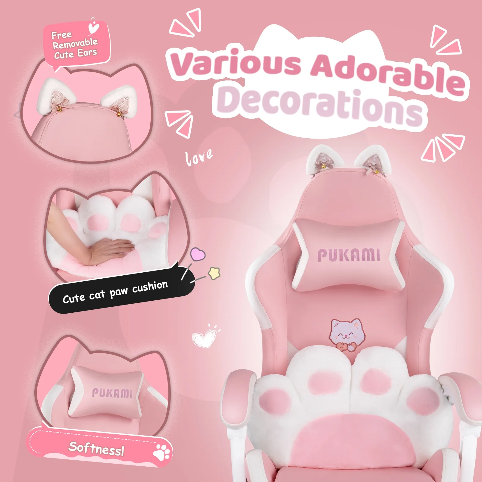 Waleaf Pink Gaming Chair with Cat Paw Lumbar Cushion and Cat Ears for Girls, Reclining Office Computer Chair with Footrest for Adults, Teens