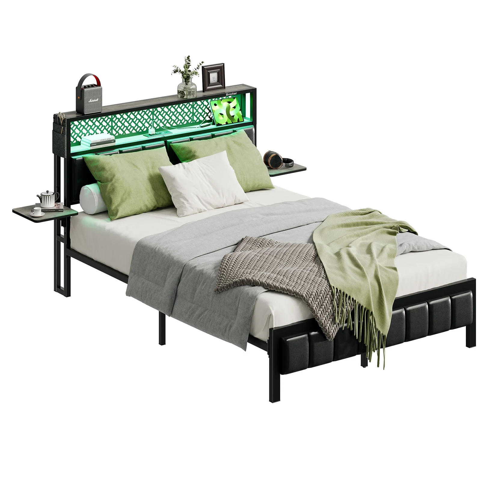 Bestier Queen Size Platform Bed Frame with Wood Foldable Bedside Shelves and LED Storage Headboard Charge Station, Gray