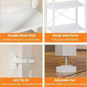 5-Tier Corner Shelf, Narrow Bookshelf with 2 Storage Drawers, Tall Bookcase, Wood Display Standing Shelf Organizer Unit for Living Room, Bedroom, Metal Frame(White)