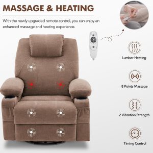 Oversized Swivel Rocker Recliner Chair with Heat and Massage, 360 Degree Swivel Rocking Single Sofa with Cup Holders and USB Port, Large Big Recliner Chair for Living Room (Leather, Brown)