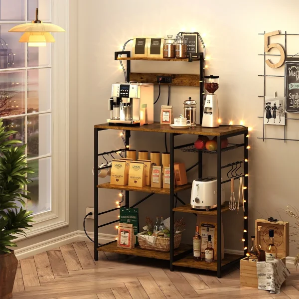 SUPERJARE Bakers Rack with Power Outlet, Microwave Stand, Coffee Bar with Wire Basket, Wood Kitchen Storage Rack with 6 S-Hooks, Kitchen Shelves for Spices, Pots and Pans, Vintage Brown