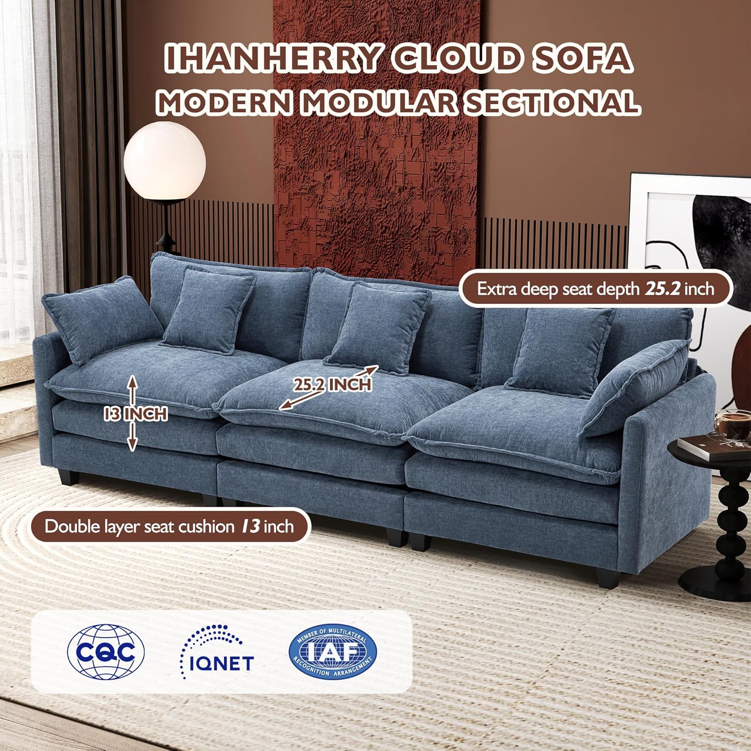 Ihanherry 146" U-Shaped Modern Sofa Modular Sectional Cloud Couch with 2 Ottoman, 6-Seat Chenille Deep Seat Sofa with 6 Pillows for Living Room, Bedroom and Apartment, Grey