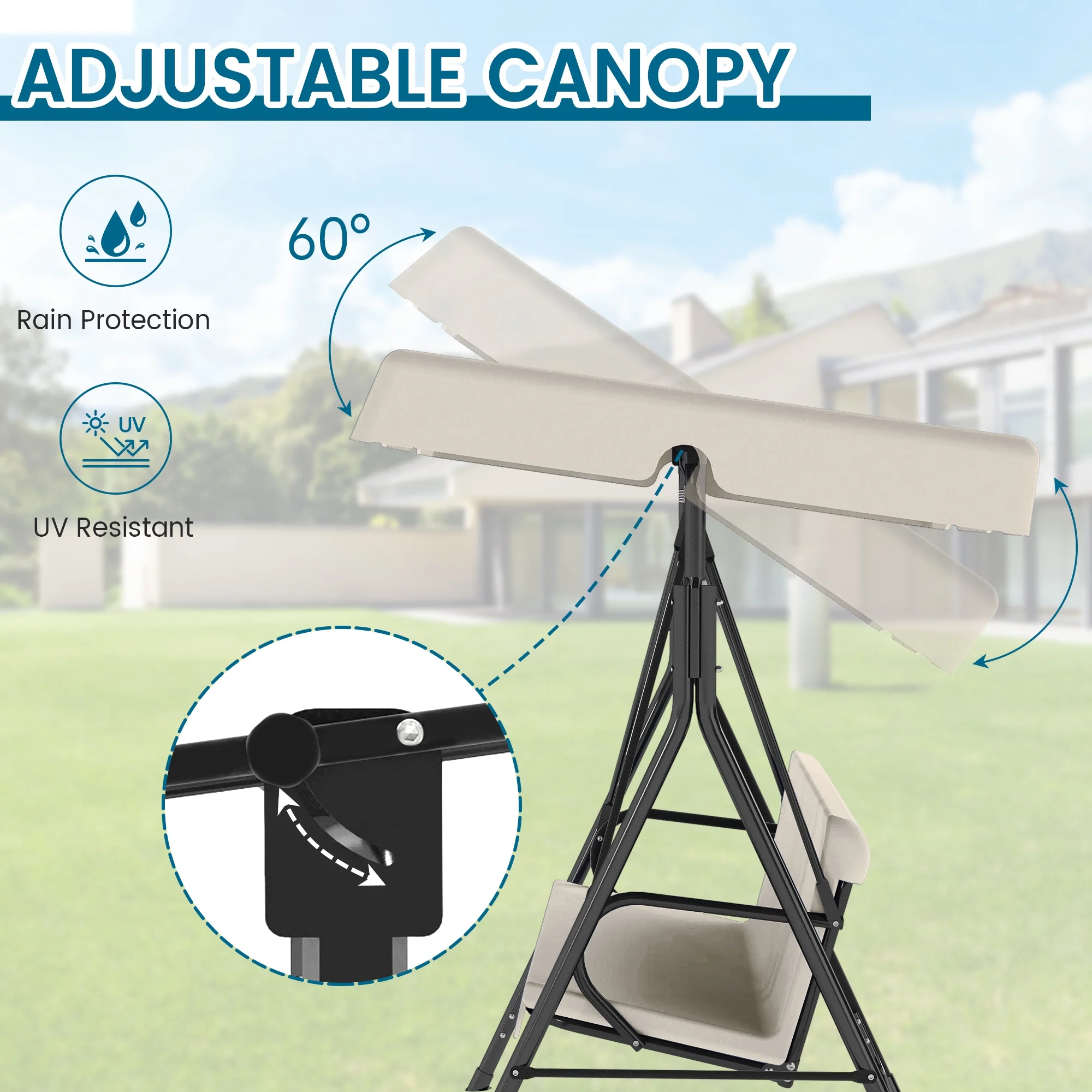 Melocadol 3 Seats Outdoor Porch Swing Glider, Patio Swing Chair with All Weather Covered Canopy and Rust Proof Heavy Duty Stand, for Garden, Lawn, or Backyard, Black
