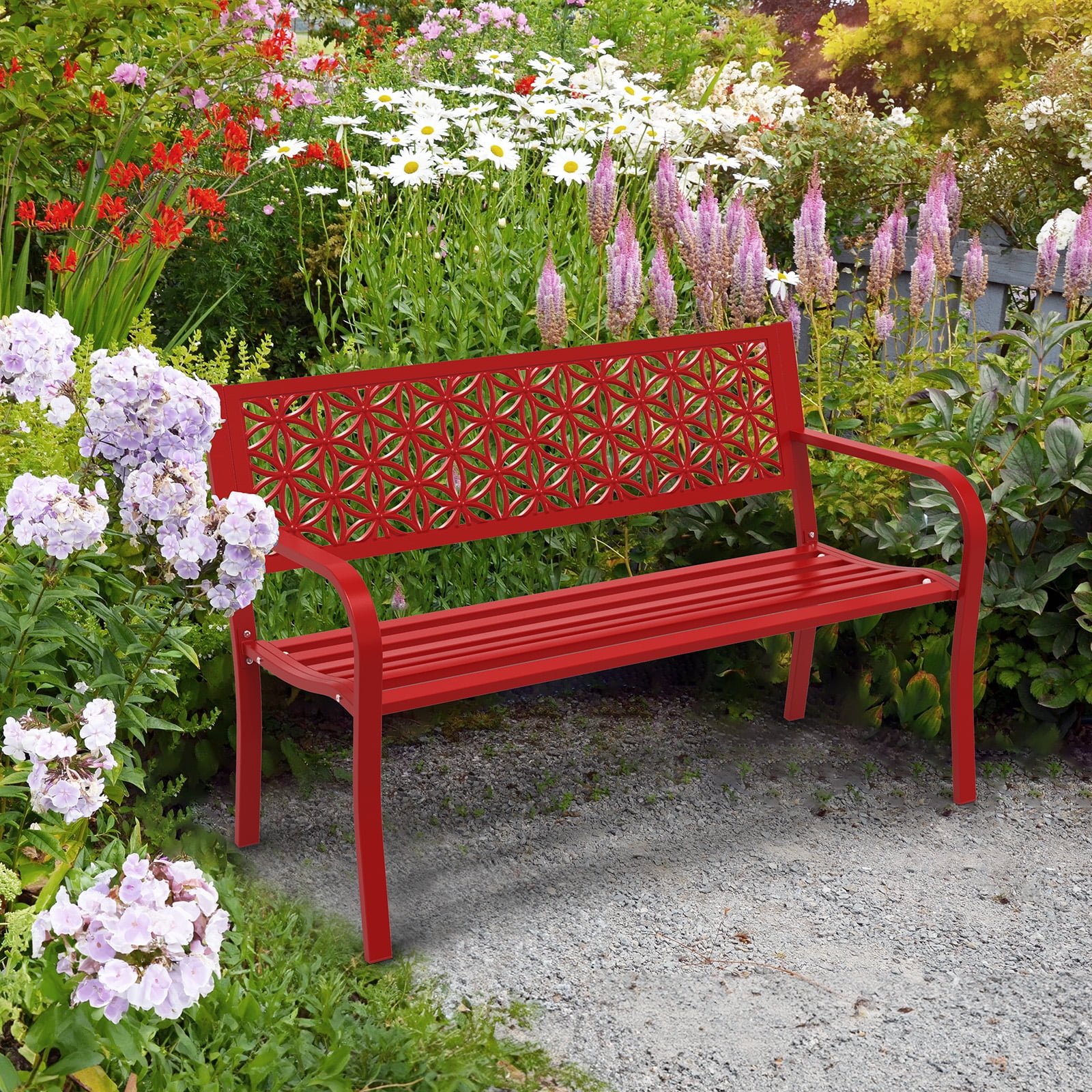 Ktaxon Outdoor Bench, Mental Bench with Floral Back, 2-Person Garden Bench for Outside Yard Patio Entryway Park Porch, 800LBS, White
