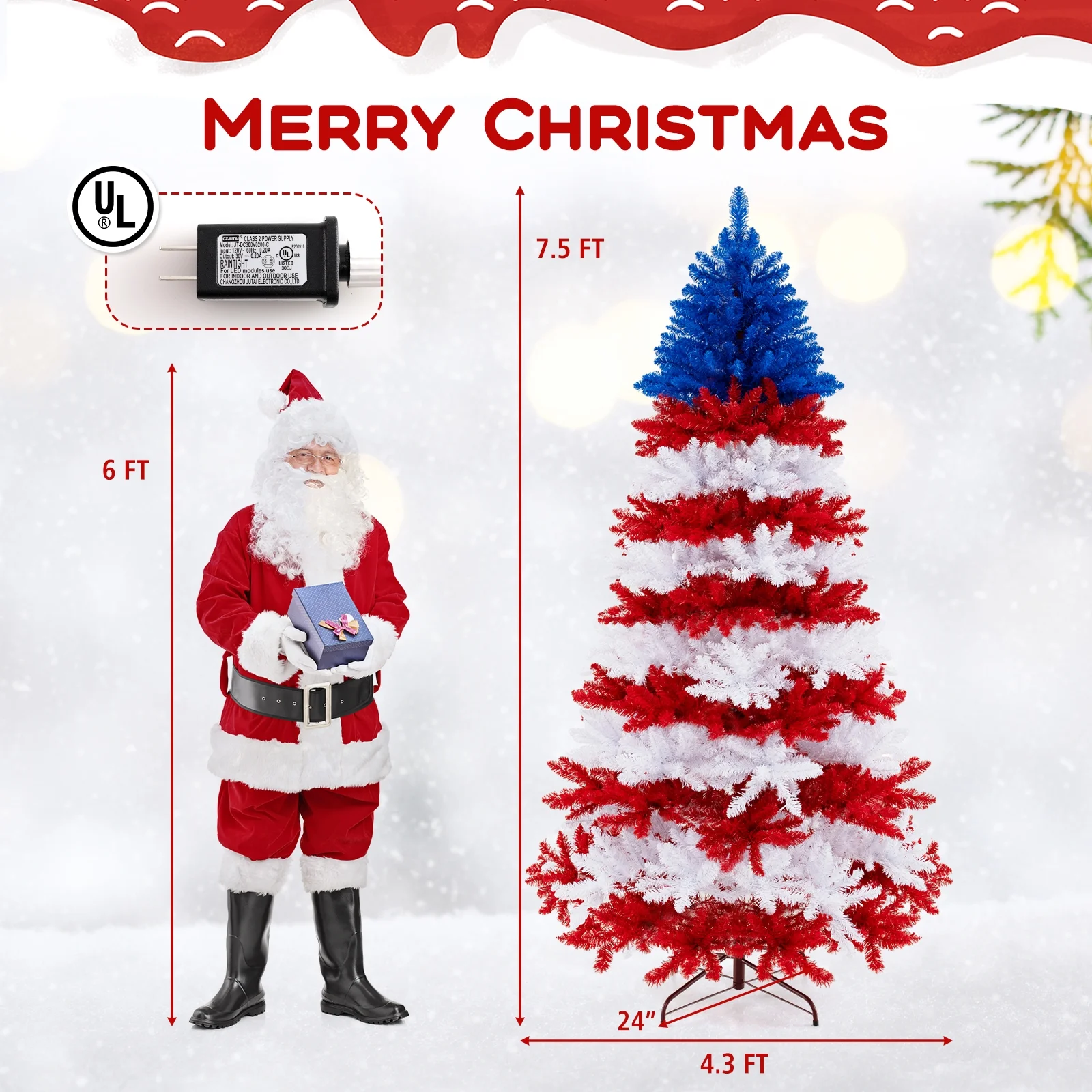 Costway 7.5 FT Patriotic Pre-Lit Artificial Christmas Tree with 1341 Branch Tips 480 Lights