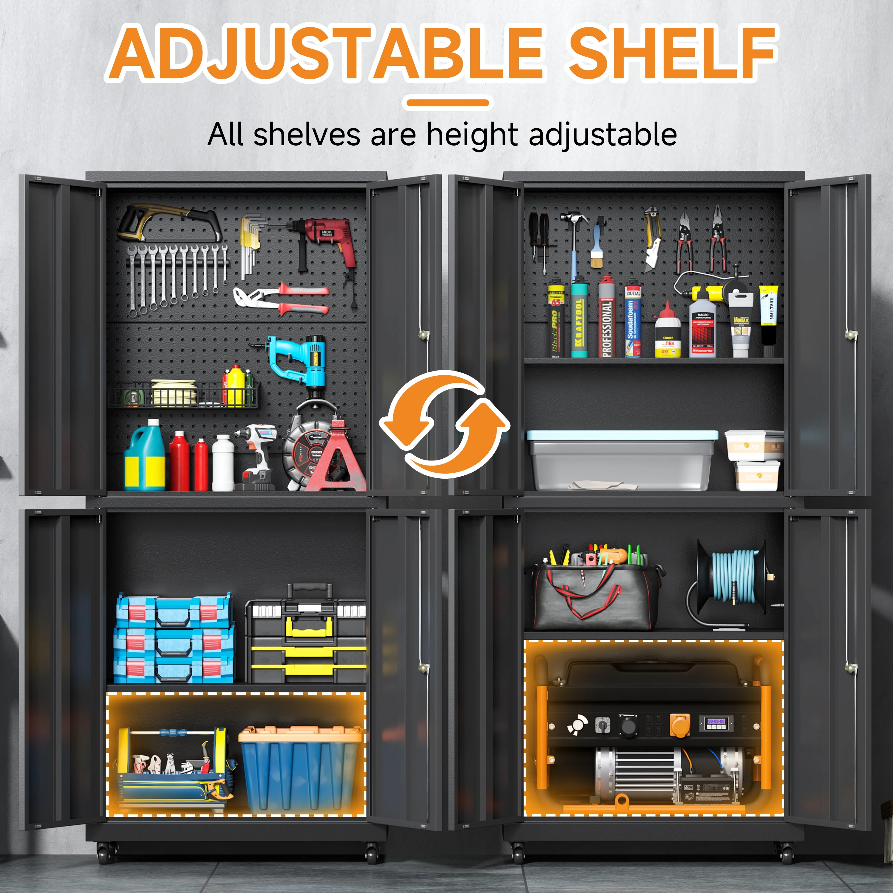Firstsky Metal Garage Storage Cabinet with Wheels, Adjustable Rolling Tool Storage Cabinet with Lock, 34" Steel Locking Tool Cabinet with Doors and Shelves-Black&Gray, 34.3" H-