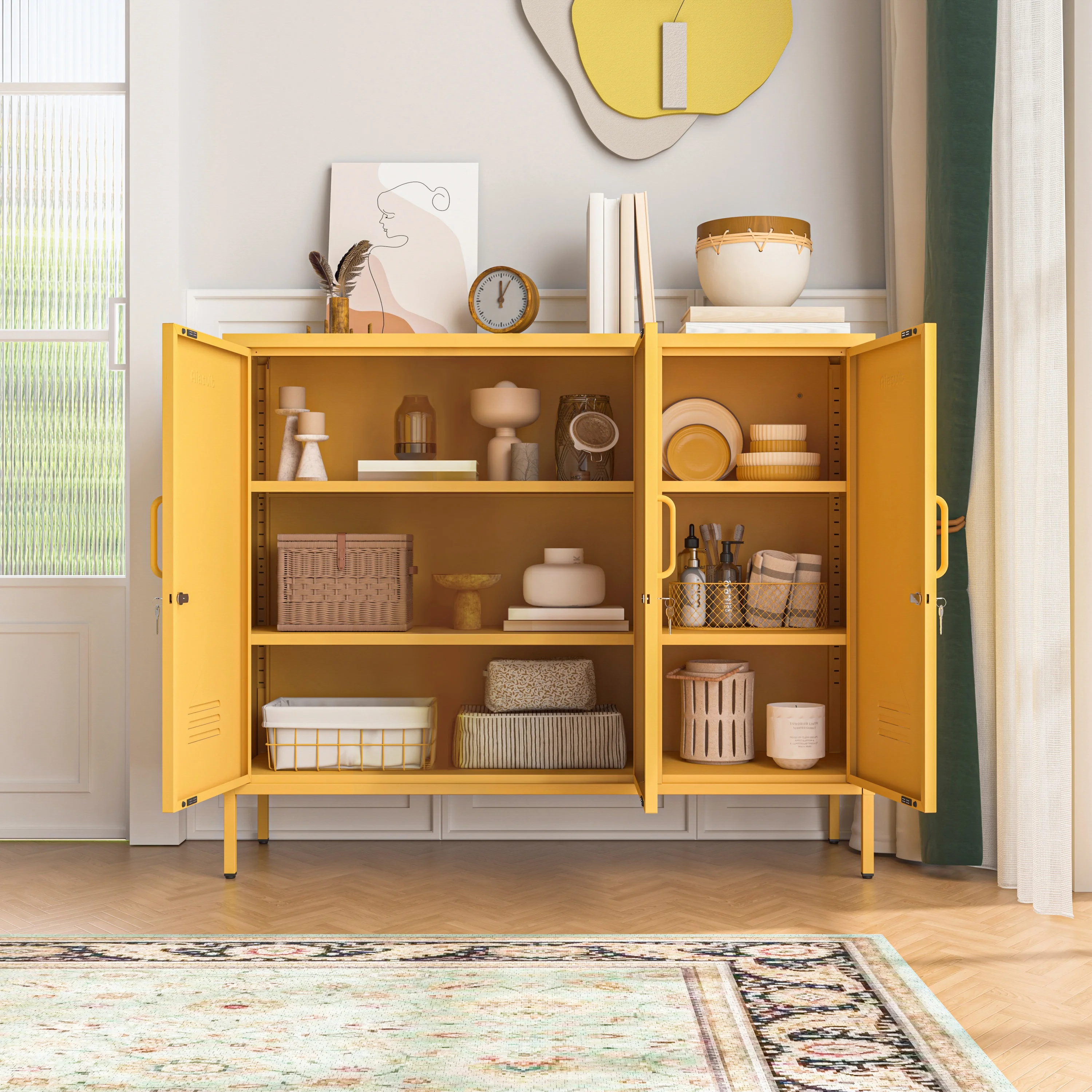 33 Inch Glass And Metal Storage Cabinet Adjustable Shelves 2 Door Lockable Lockers 3 Layer Multipurpose Lockers Laundry Room Or Utility Room Cabinet Home Purple Size- 33"H X 29.5"W X 13.8"D