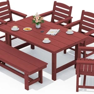 SERWALL 7-Piece Patio Table Set, Outdoor HDPE Dining Furniture with Umbrella Hole, All Weather Table and Chairs for Lawn, Garden, Poolside, Aruba