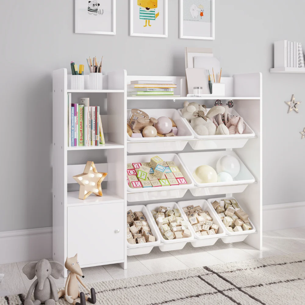Sturdis Kids Toy Storage Organizer With Bookshelf and White Bins