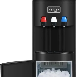 ICEPURE Water Dispenser with Ice Maker, 3-in-1 Hot and Cold Water Cooler with Built-in Bullet Ice Maker Machine, 26.5lbs/24H, Top Loading for 3-5 Gallon Bottle, Child Safety Lock, Black