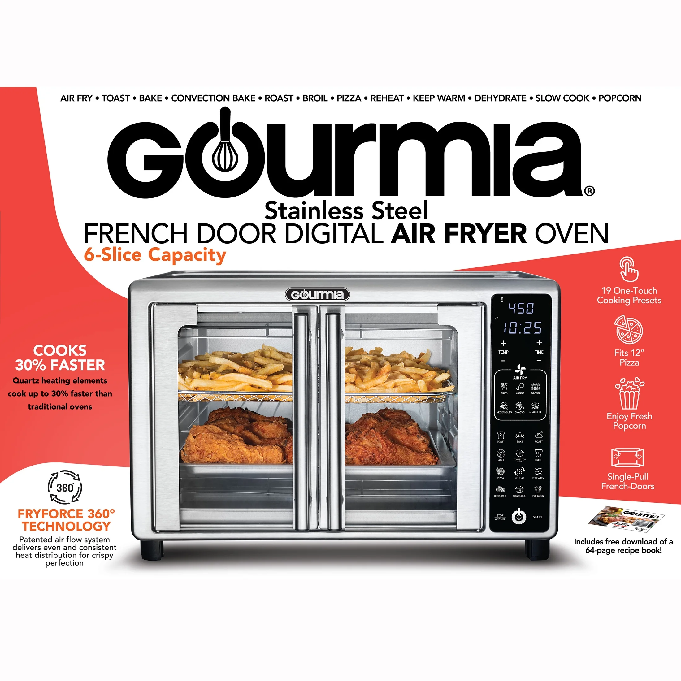 Gourmia French Door 6-Slice Digital Toaster Oven Air Fryer, 19 One-Touch Presets, 24L, Stainless Steel