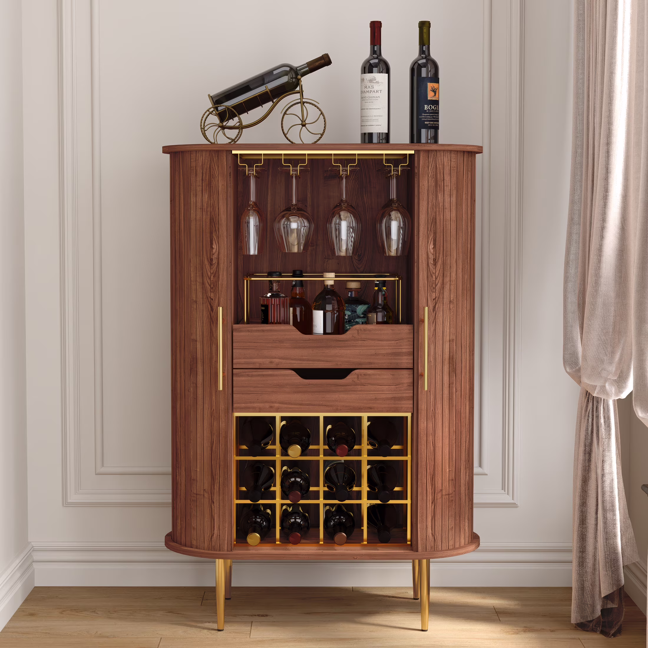 HLR Coffee Bar Cabinet with Tambour Door: Wine Rack, Glass Holder, & Storage Buffet for Home & Living Room Brown