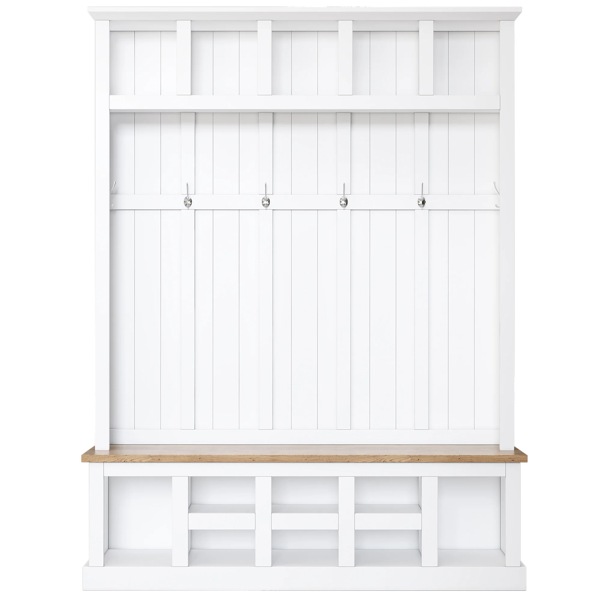 Bellemave 59"W Farmhouse Hall Tree with Storage Shelves and Shoes Rack Multi-functional Coat Rack with Hooks Entryway Shoes Storage Seating Bench Coat Hanger for Hallway (Black, With Shoes Rack)